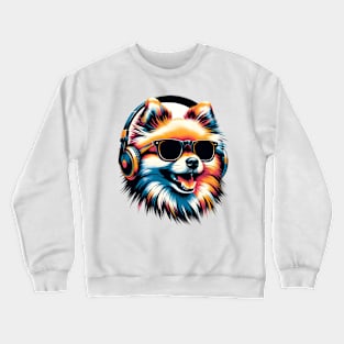 Pomeranian Smiling DJ with Headphones and Sunglasses Crewneck Sweatshirt